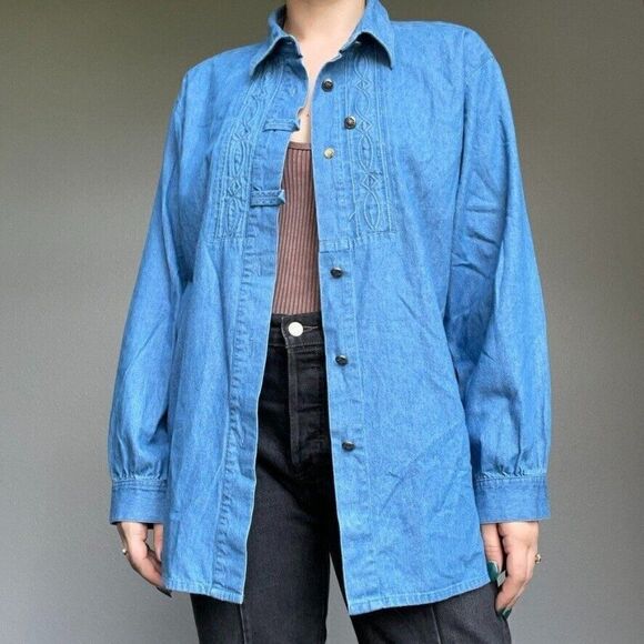 Vintage German Women's Long Sleeve Denim Button Down Oversized Shirt Blue Sz M - Picture 1 of 9